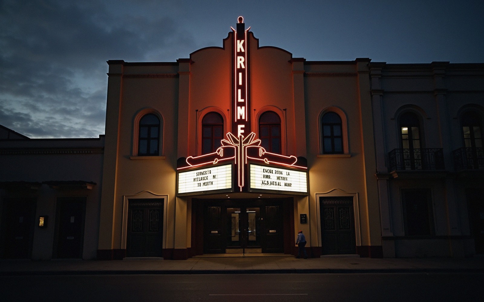 A neon marquee glows above a theater entrance at dusk as a pedestrian passes by