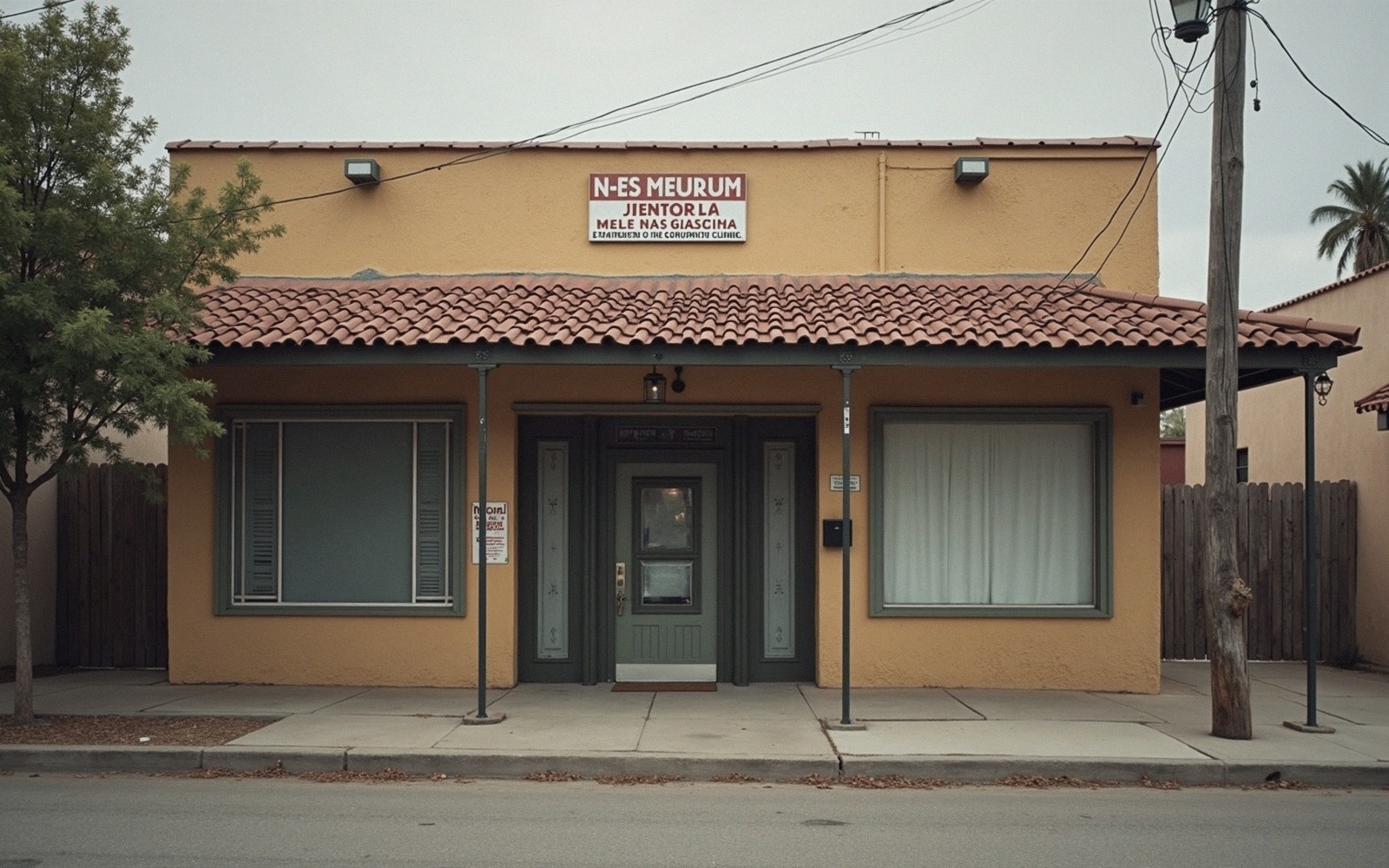Single-story tan stucco building with terracotta tile roof and shuttered storefront windows